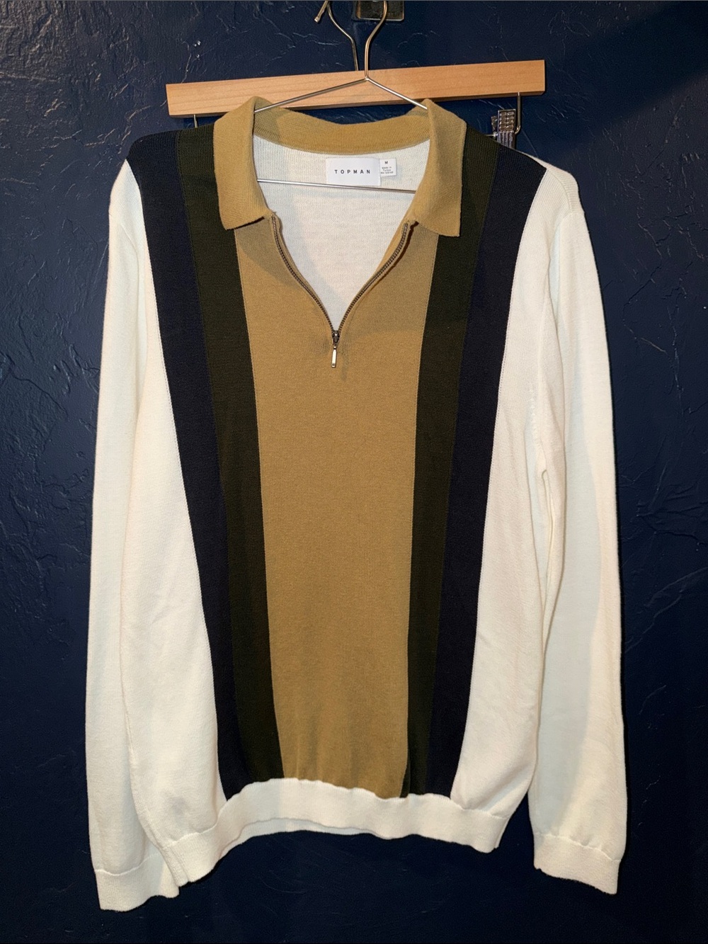 Topman Olive, Dark Green & White Striped Zip-Neck Sweater